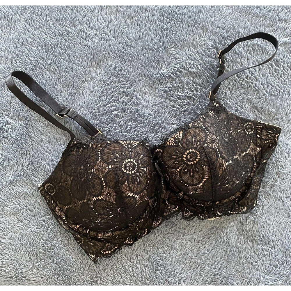 AERIE Black & Tan Balconette Lace Bra 36DD Romantic Sexy